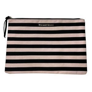 Victoria's Secret Pouch Cosmetic Bag Stripe Travel Accessory Black Pink Canva